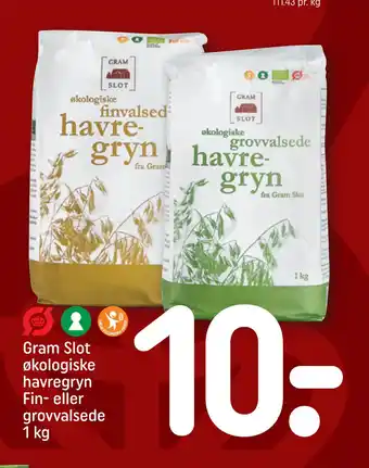 REMA 1000 Gram slot økologiske havregryn fin- eller grovvalsede 1 kg tilbud