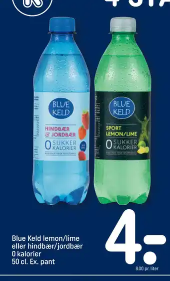 REMA 1000 Blue keld lemon/lime eller hindbær/jordbær 0 kalorier 50 cl. ex. pant tilbud