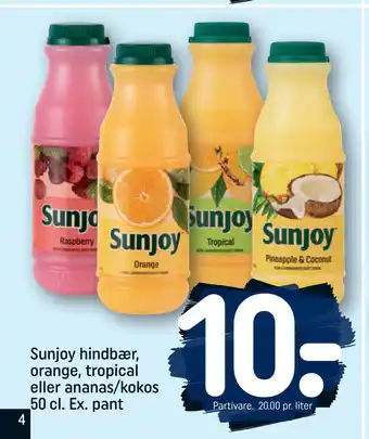 REMA 1000 Sunjoy hindbær, orange, tropical eller ananas/kokos 50 cl. ex. pant tilbud