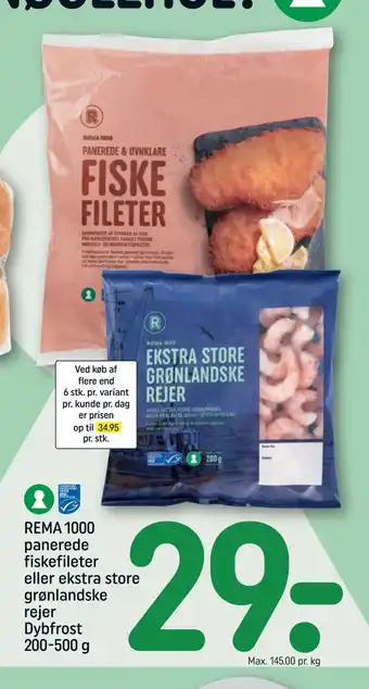 REMA 1000 Rema 1000 panerede fiskefileter eller ekstra store grønlandske rejer dybfrost 200-500 g tilbud