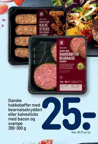 Danske hakkebøffer med bearnaisekrydderi eller kalvesticks med bacon og svampe 280-300 g