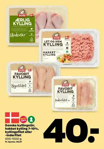 Netto Danske kyllingelår, hakket kylling 7-10%, kyllingefilet eller -inderfilet tilbud