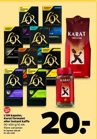 Netto L'OR kapsler, Karat formalet eller instant kaffe tilbud