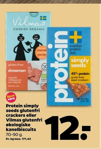 Netto Protein simply seeds glutenfri crackers eller Vilmas glutenfri økologiske kanelbiscuits tilbud