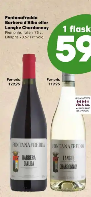 Kvickly Fontanafredda Barbera d'Alba eller Langhe Chardonnay tilbud