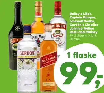 Kvickly Bailey's Likør, Captain Morgan, Smirnoff Vodka, Gordon's Gin eller Johnnie Walker Red Label Whisky tilbud