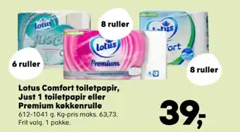 Kvickly Lotus Comfort toiletpapir, Just 1 toiletpapir eller Premium køkkenrulle 612-1041 g. Kg-pris maks. 63,73. Frit valg. 1 pakke. tilbud