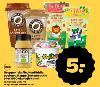 Netto Gropper iskaffe, KonfEddie yoghurt, Happy Zoo smoothie tilbud