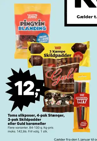 SuperBrugsen Toms slikposer, 4 pak stænger, 3 pak skildpadder eller guld karameller tilbud