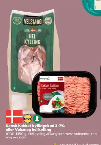 Netto Dansk hakket kyllingekød 3-7% eller velsmag hel kylling tilbud