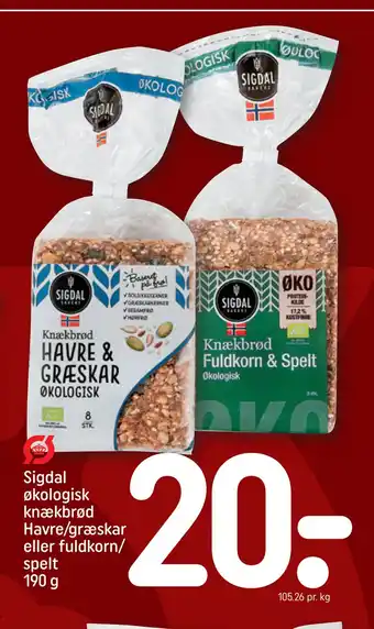 REMA 1000 Sigdal økologisk knækbrød havre/græskar eller fuldkorn/ spelt 190 g tilbud