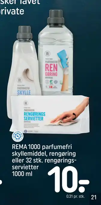 REMA 1000 Rema 1000 parfumefri skyllemiddel, rengøring eller 32 stk. rengøringsservietter 1000 ml tilbud