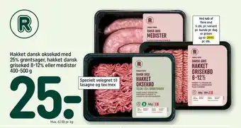 REMA 1000 Hakket dansk oksekød med 25% grøntsager, hakket dansk grisekød 8-12% eller medister 400-500 g tilbud