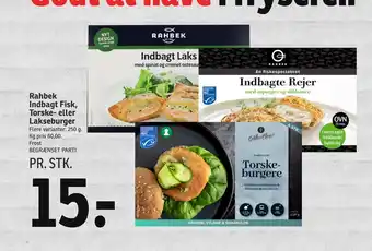 SPAR Rahbek indbagt fisk, torske- eller lakseburger tilbud