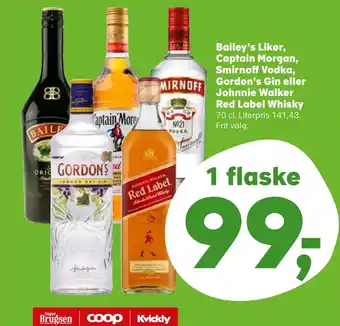 Kvickly Bailey's Likør, Captain Morgan, Smirnoff Vodka, Gordon's Gin eller Johnnie Walker Red Label Whisky tilbud