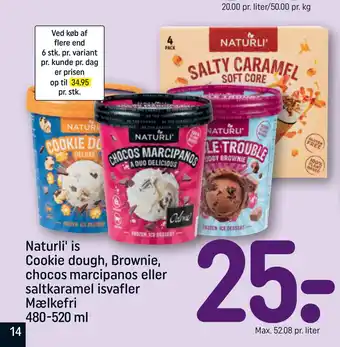 REMA 1000 Naturli' is Cookie dough, Brownie, chocos marcipanos eller saltkaramel isvafler Mælkefri 480-520 ml tilbud
