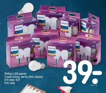 REMA 1000 Philips LED pærer 2-pak krone, kerte eller classic E14 eller E27 Frit valg tilbud