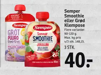 SPAR Semper Smoothie eller Grød Klempose tilbud