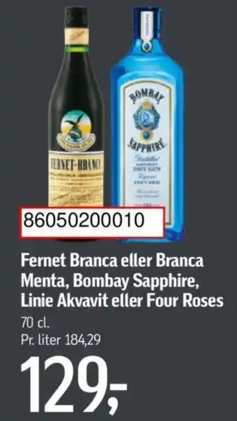 Føtex Fernet Branca eller Branca Menta, Bombay Sapphire, Linie Akvavit eller Four Roses tilbud