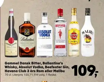 Kvickly Gammel Dansk Bitter, Ballantine's Whisky, Absolut Vodka, Beefeater Gin, Havana Club 3 års Rom eller Malibu tilbud