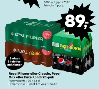 Kvickly Royal Pilsner eller Classic, Pepsi Max eller Faxe Kondi 20 pak tilbud