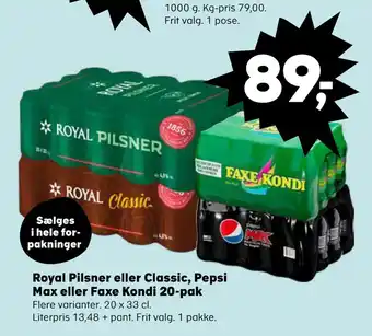 SuperBrugsen Royal Pilsner eller Classic, Pepsi Max eller Faxe Kondi 20 pak tilbud