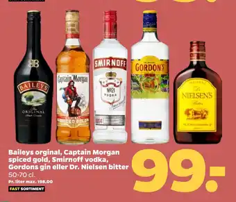 Netto Baileys orginal, Captain Morgan spiced gold, Smirnoff vodka, Gordons gin eller Dr. Nielsen bitter tilbud