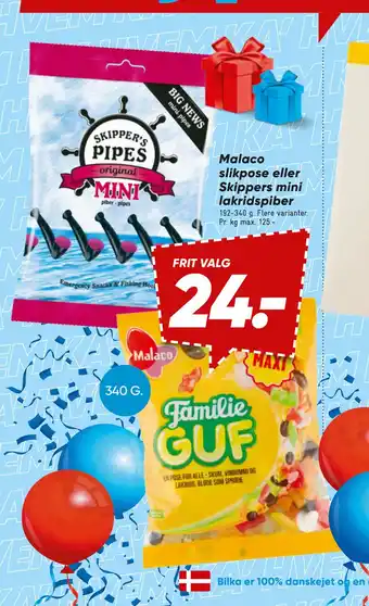 Bilka Malaco slikpose eller Skippers mini lakridspiber tilbud