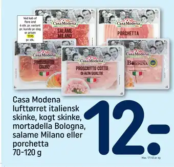 REMA 1000 Casa Modena lufttørret italiensk skinke, kogt skinke, mortadella Bologna, salame Milano eller porchetta tilbud