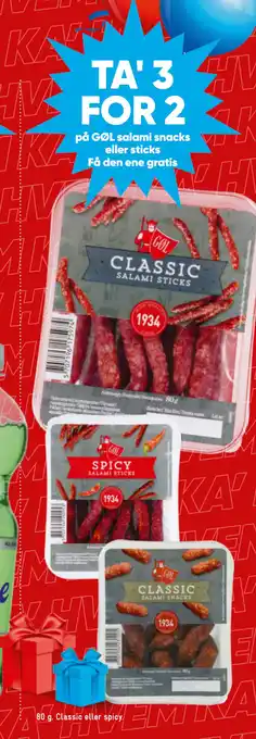 Bilka TA' 3 FOR 2 på GØL salami snacks eller sticks tilbud
