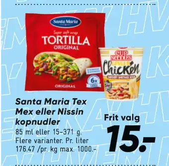 Bilka Santa Maria Tex Mex eller Nissin kopnudler tilbud