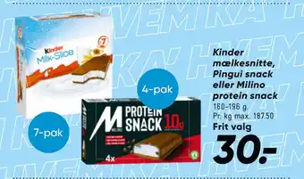 Bilka Kinder mælkesnitte, Pingui snack eller Milino protein snack tilbud