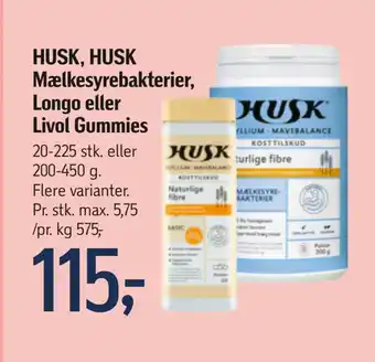 Føtex HUSK, HUSK Mælkesyrebakterier, Longo eller Livol Gummies tilbud