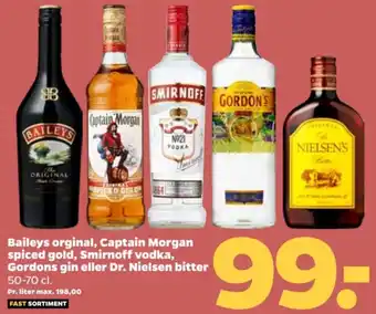 Netto Baileys orginal, Captain Morgan spiced gold, Smirnoff vodka, Gordons gin eller Dr. Nielsen bitter tilbud