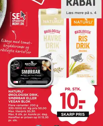 MENY NATURLI’ ØKOLOGISK DRIK, SMØRBAR ELLER VEGAN BLOK tilbud