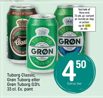 REMA 1000 Tuborg Classic, Grøn Tuborg eller Grøn Tuborg 0.0% 33 cl tilbud