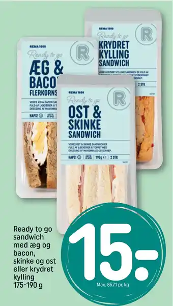 Ready to go sandwich med æg og bacon, skinke og ost eller krydret kylling 175-190 g