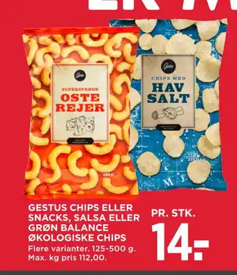MENY GESTUS CHIPS ELLER SNACKS, SALSA ELLER GRØN BALANCE ØKOLOGISKE CHIPS tilbud