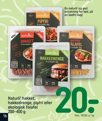 REMA 1000 Naturli' hakket, hakkedrenge, pipfri eller økologisk falafel 200-400 g tilbud