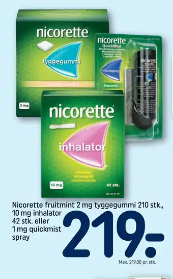 Nicorette fruitmint 2 mg tyggegummi 210 stk., 10 mg inhalator 42 stk. eller 1 mg quickmist spray