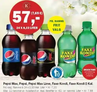 Købmandsgården Pepsi Max, Pepsi, Pepsi Max Lime, Faxe Kondi, Faxe Kondi 0 Kal tilbud
