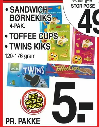 ABC Lavpris Sandwich børnekiks • toffee cups • twins kiks tilbud