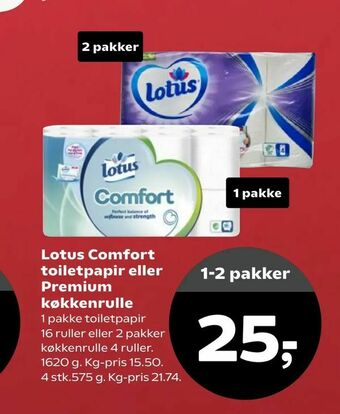 Kvickly Lotus Comfort toiletpapir eller Premium køkkenrulle tilbud