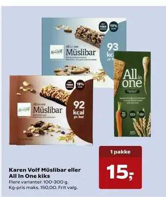 Kvickly Karen Volf Müslibar eller All In One kiks tilbud