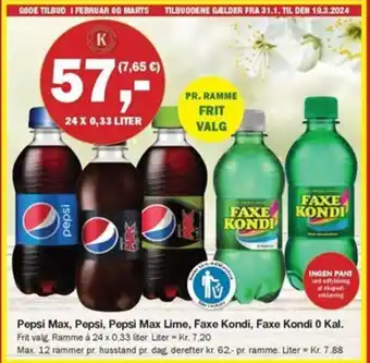Købmandsgården Pepsi Max, Pepsi, Pepsi Max Lime, Faxe Kondi, Faxe Kondi 0 Kal. tilbud