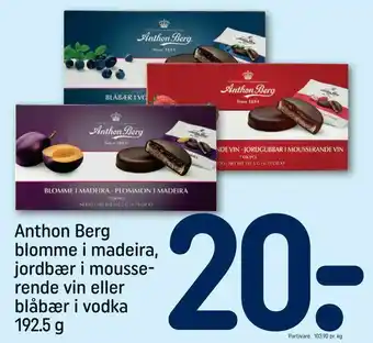REMA 1000 Anthon Berg blomme i madeira, jordbær i mousse rende vin eller blåbær i vodka tilbud