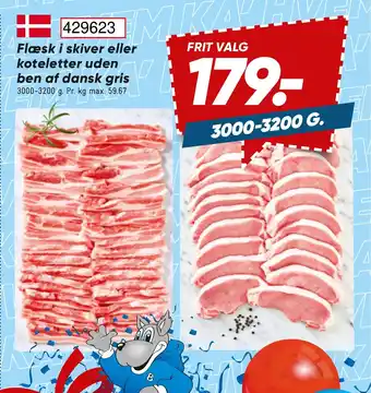 Flæsk i skiver eller koteletter uden ben af dansk gris