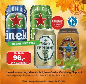 Købmandsgården Heineken med og uden alkohol, New Castle, Carlsberg Elephant tilbud