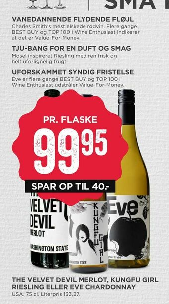 MENY The velvet devil merlot, kungfu girl riesling eller eve chardonnay tilbud