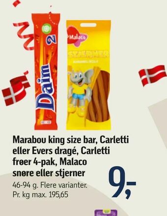 Føtex Marabou king size bar, Carletti eller Evers dragé, Carletti frøer 4-pak, Malaco snøre eller stjerner tilbud